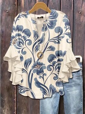 Women’s NIP V-Neck Top Bell Sleeves And a Lotus Flower Print Asymmetrical Hem